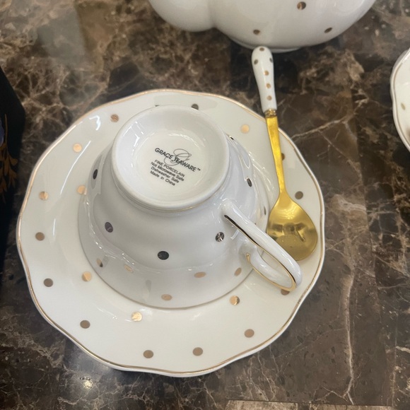 7pc white & gold polkadot Teapot, spoons, Cup & Saucer boxed by Grace teaware - Picture 15 of 16